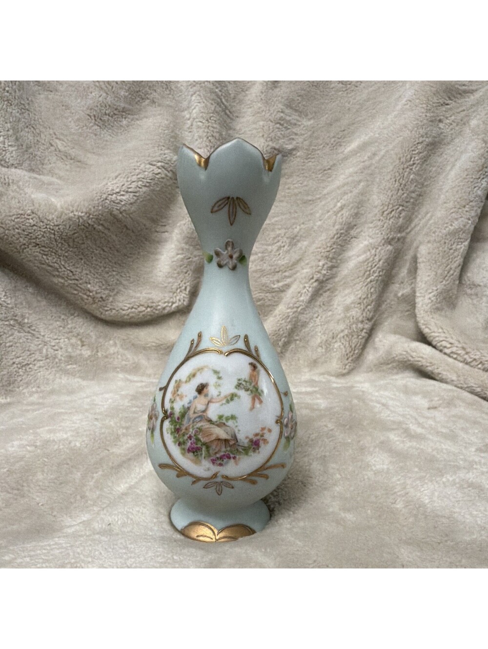 Light Blue Porcelain Vase Hand Painted Woman & Floral Scene Gold Trim MPN 653/A